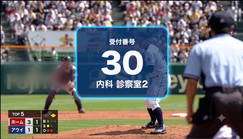 A TV showing a sports broadcast with a call card overlaid, reading reception number 30, internal medicine room 2